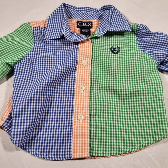 Chaps*Boy 3 Months*Button Up Shirt*Color Block*Gingham*Easter*Green*Blue - Picture 3 of 7